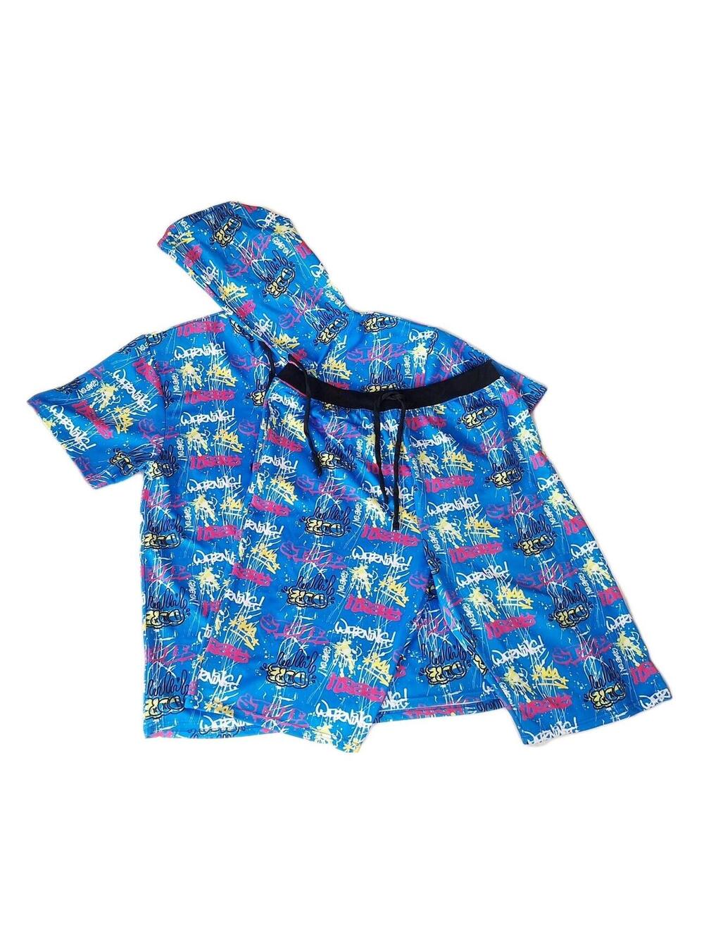 Big & Tall 5X Graffiti Print Hoodie & Shorts Set Men's Streetwear Hip Hop 2PC